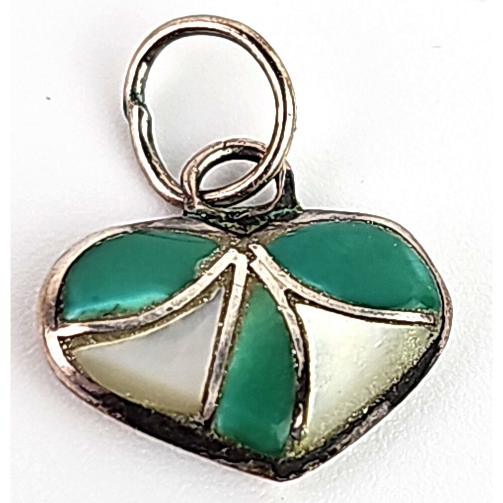 Sterling Silver Heart Pendant Stained Glass Inlay White and Aqua .50 in Tiny